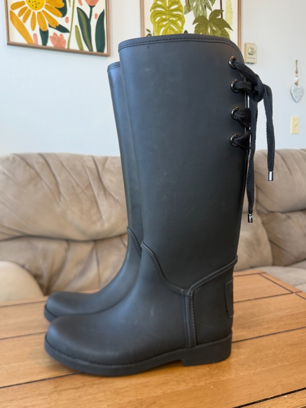 Coach Tristee Black Lace Up Tall Rain Boots Women’s Size 8
